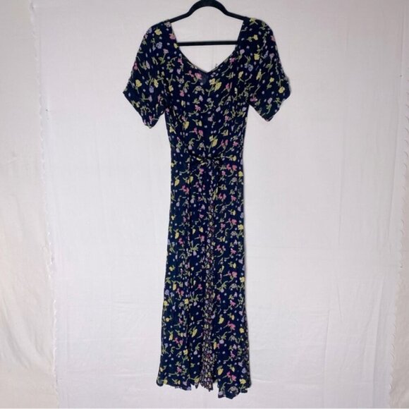 Vintage Emanuel Geraldo Black Pink Multi Floral Short Sleeve Maxi Dress L - Picture 2 of 16